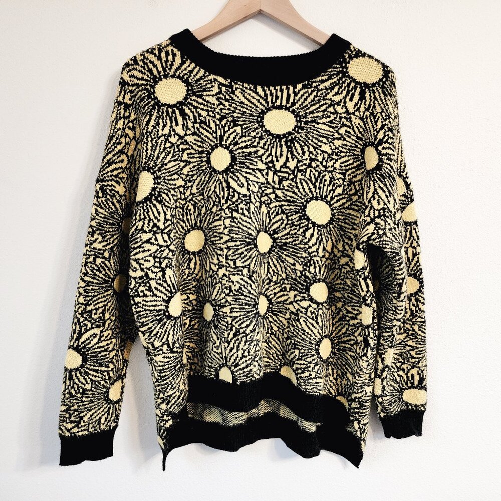 Over Kleshas Knit Sweater Sun Flower Top Women Sz S/M Yellow Black Viscose Blend